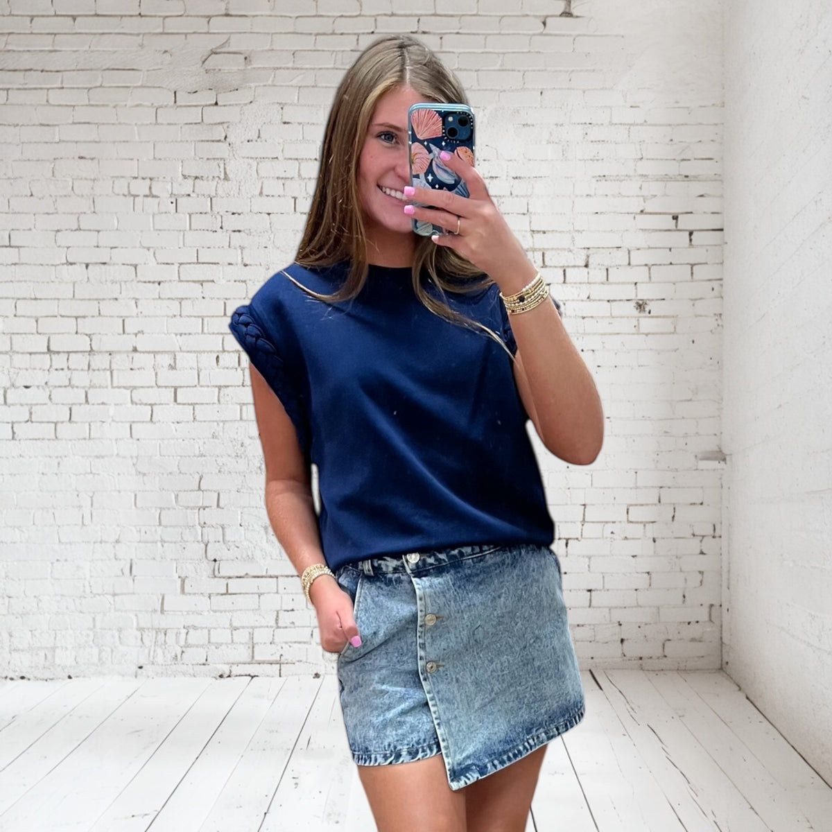 NAVY BRAIDED CUFF CAP SLV TOP
