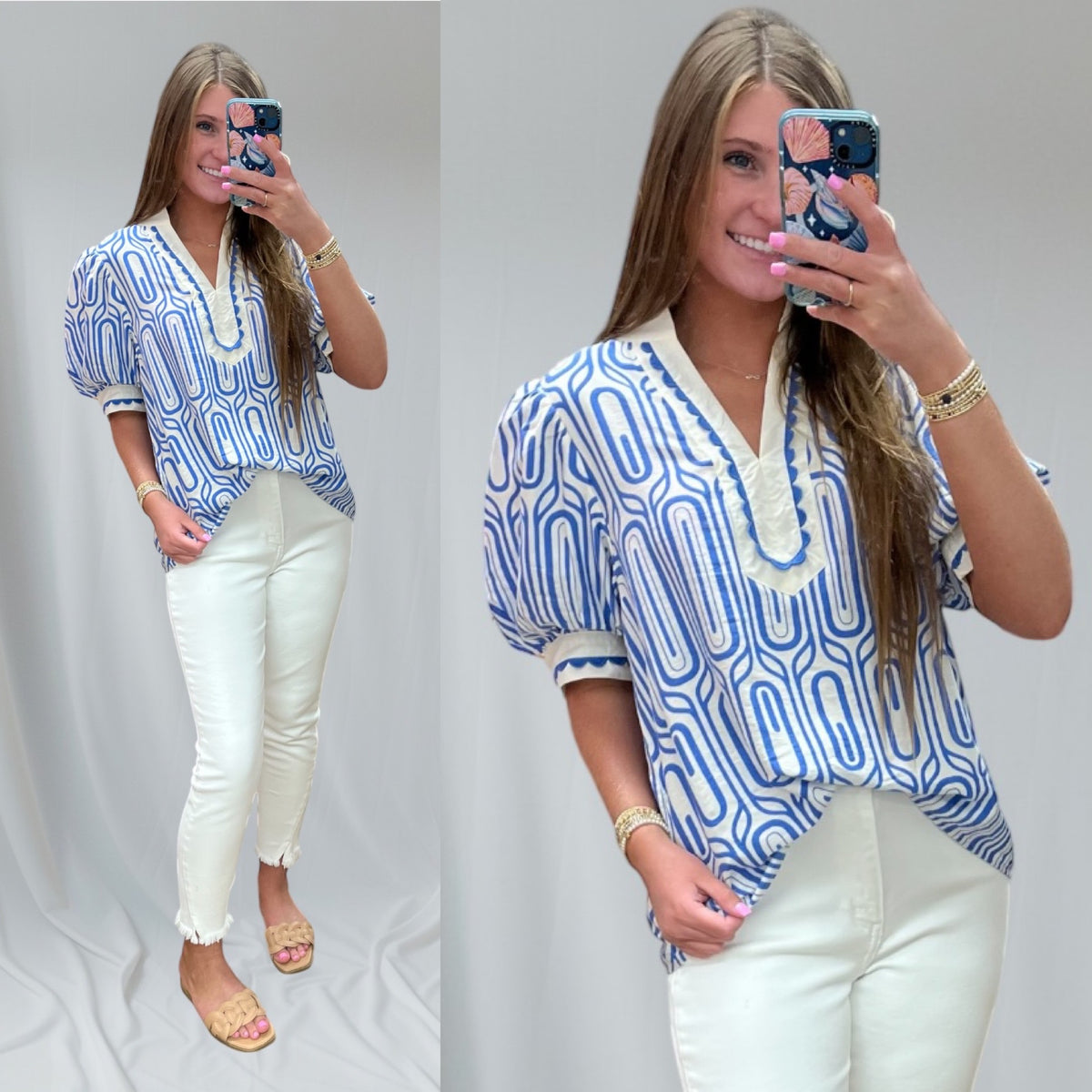 BLUE ABSTRACT SCALLOP TRIM TOP