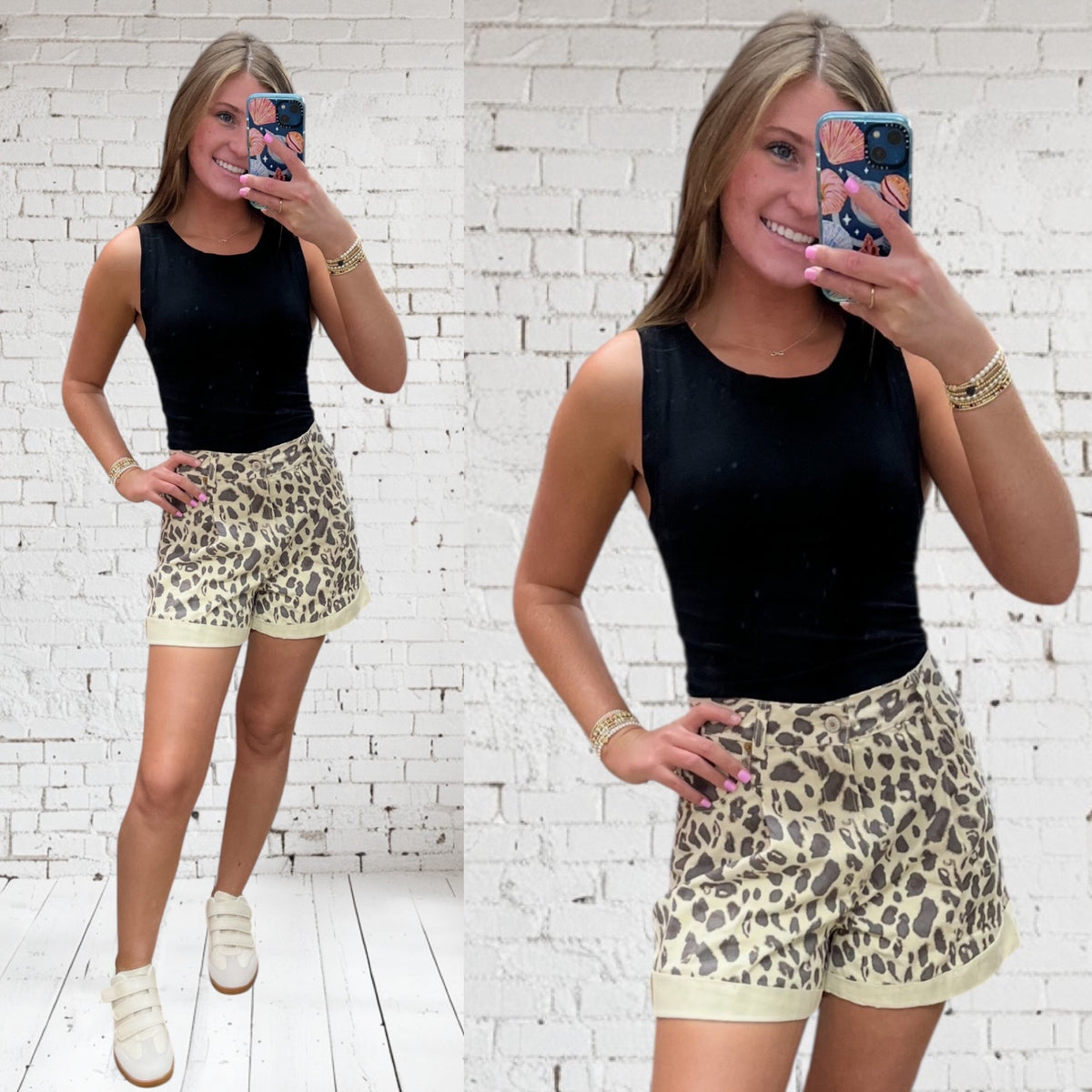 TAN LEOPARD ROLL UP HEM SHORTS