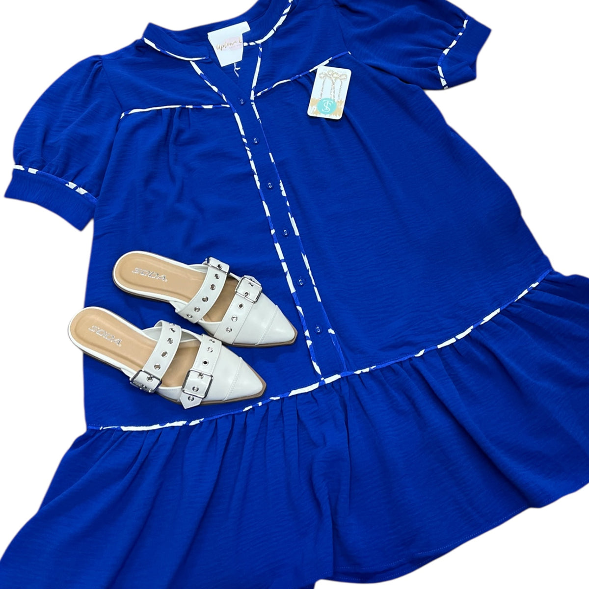 BLUE PIPING RUFFLE POCKET DRESS
