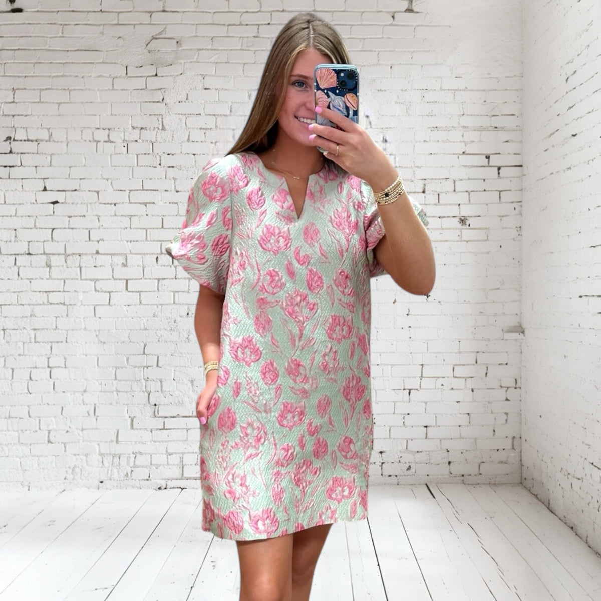 MINT PINK FLORAL JACQUARD DRESS