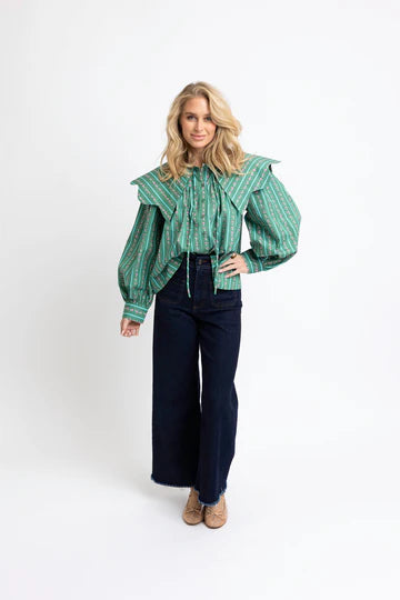 GREEN FLORAL DITZY STRIPE PETER PAN TOP