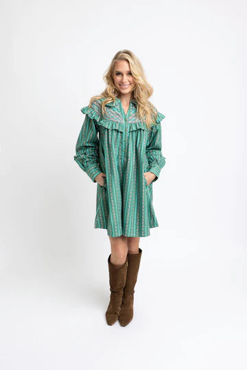 GREEN FLORAL STRIPE PETER PAN DRESS