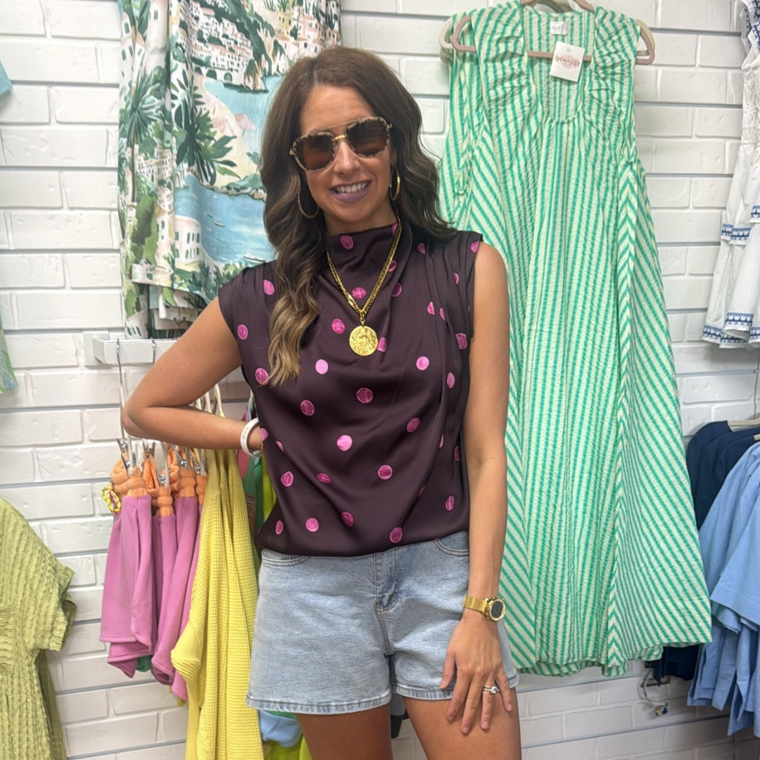 PLUM COWL NECK POLKA DOT TOP