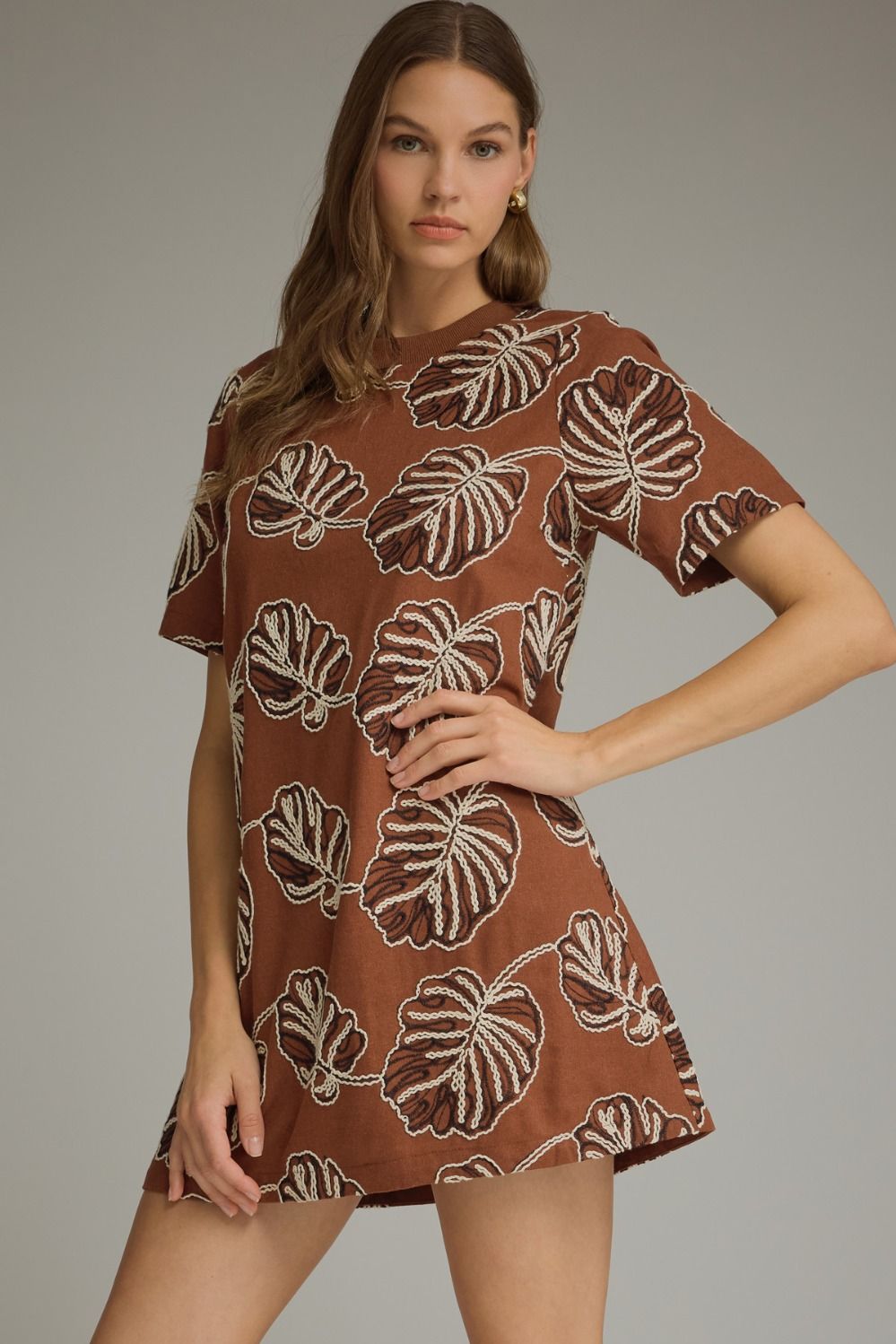 BROWN LEAF EMBROIDERED DRESS
