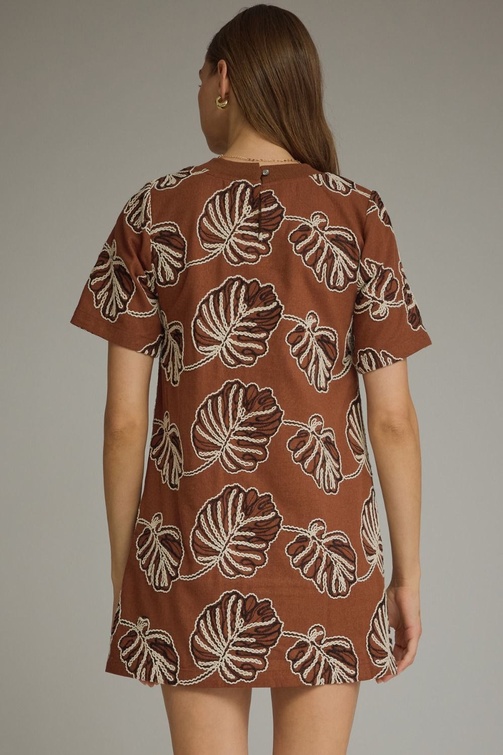 BROWN LEAF EMBROIDERED DRESS