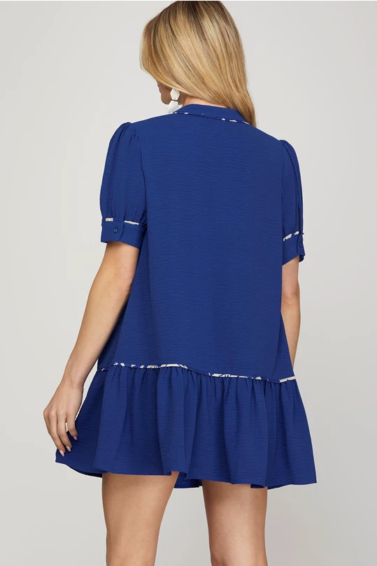 BLUE PIPING RUFFLE POCKET DRESS