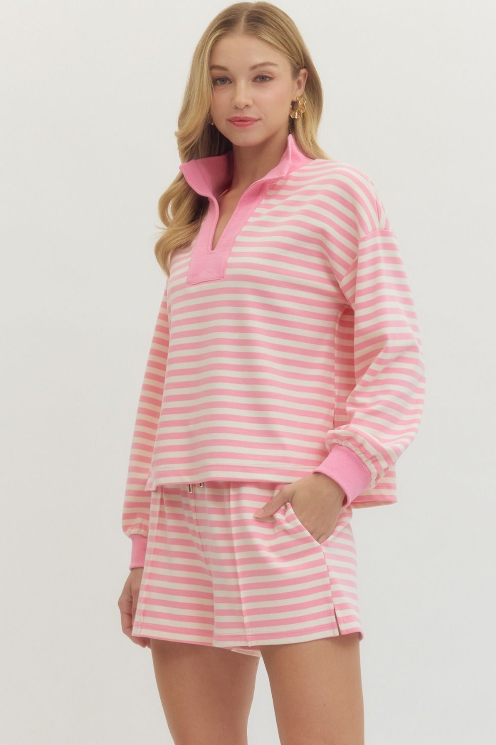 PINK STRIPE VNECK COLLAR TOP