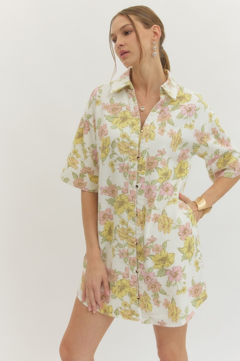 PINK & YELLOW FLORAL SHIRT DRESS