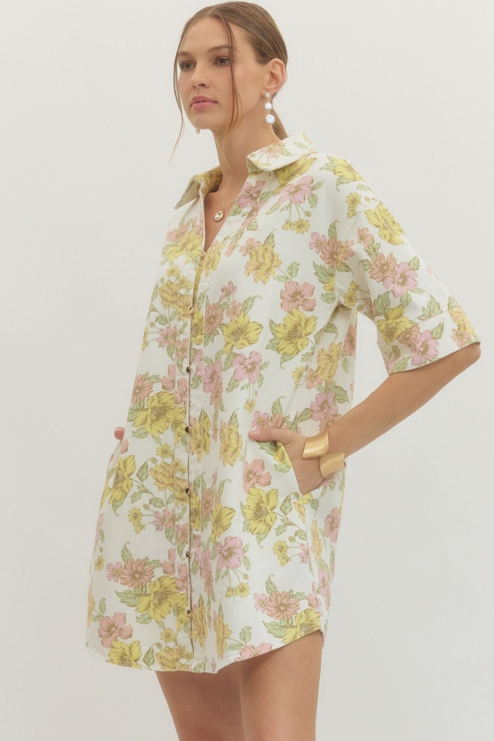 PINK & YELLOW FLORAL SHIRT DRESS