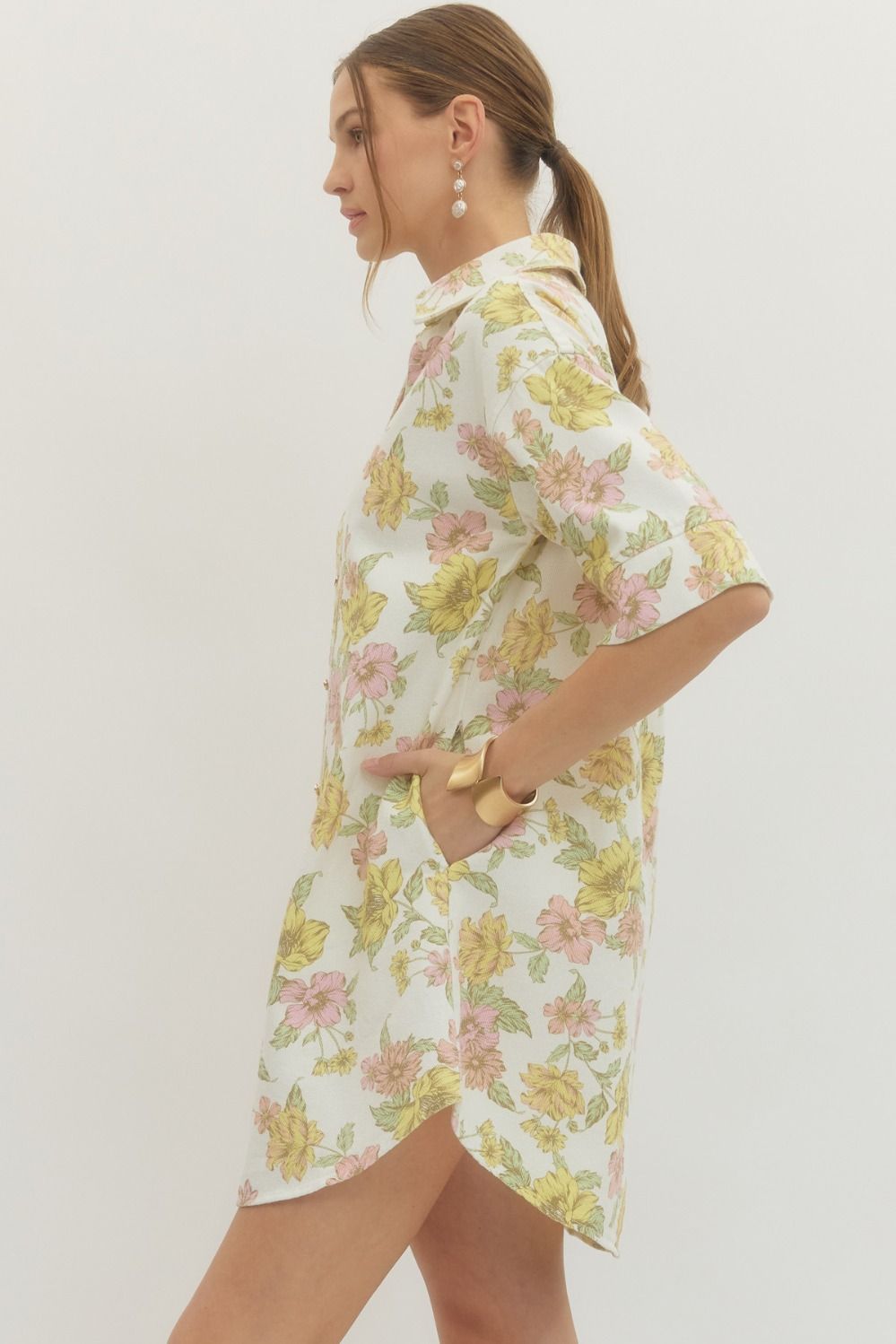 PINK & YELLOW FLORAL SHIRT DRESS
