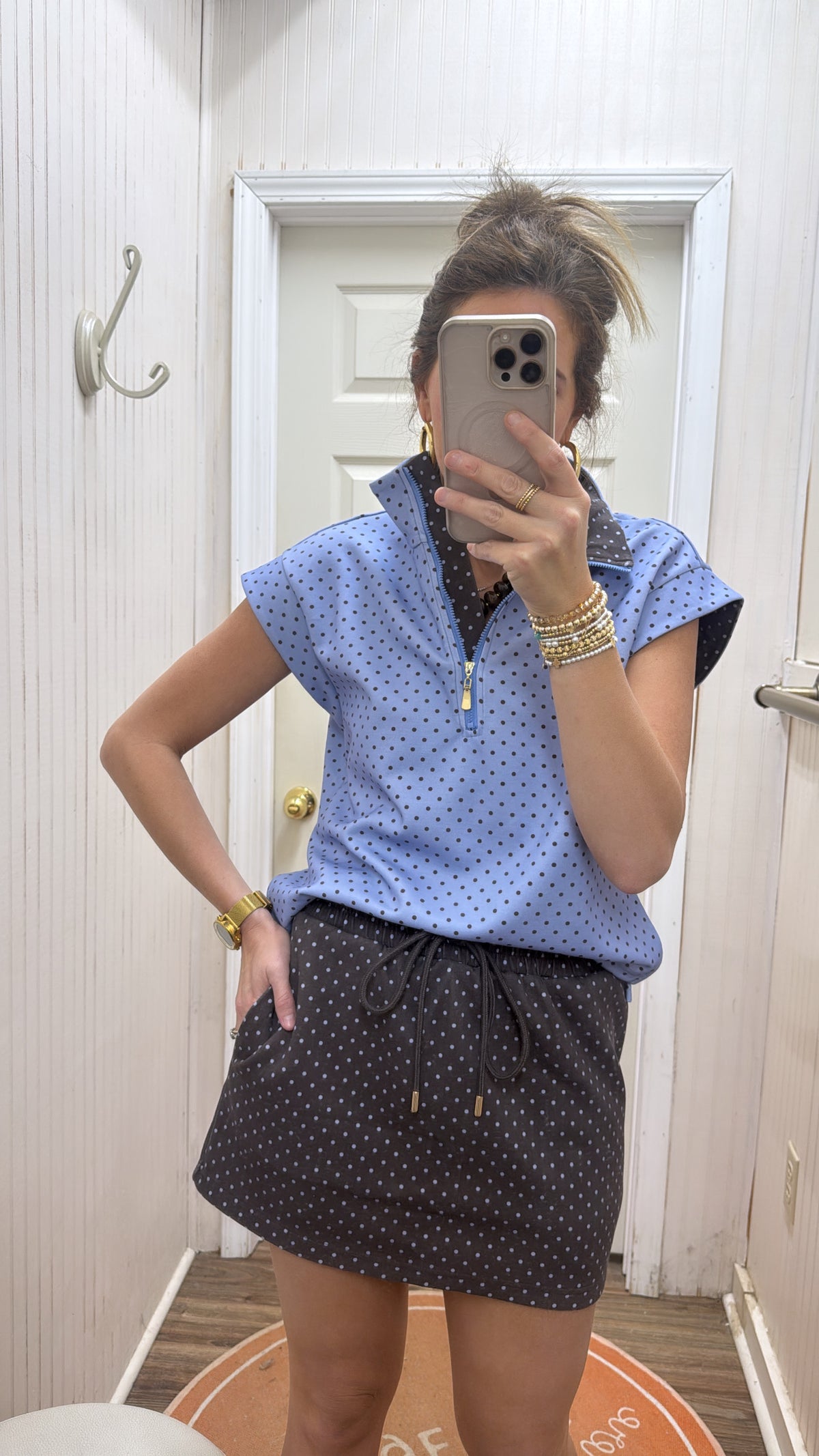 BROWN & BLUE POLKA DOT SKORT SET