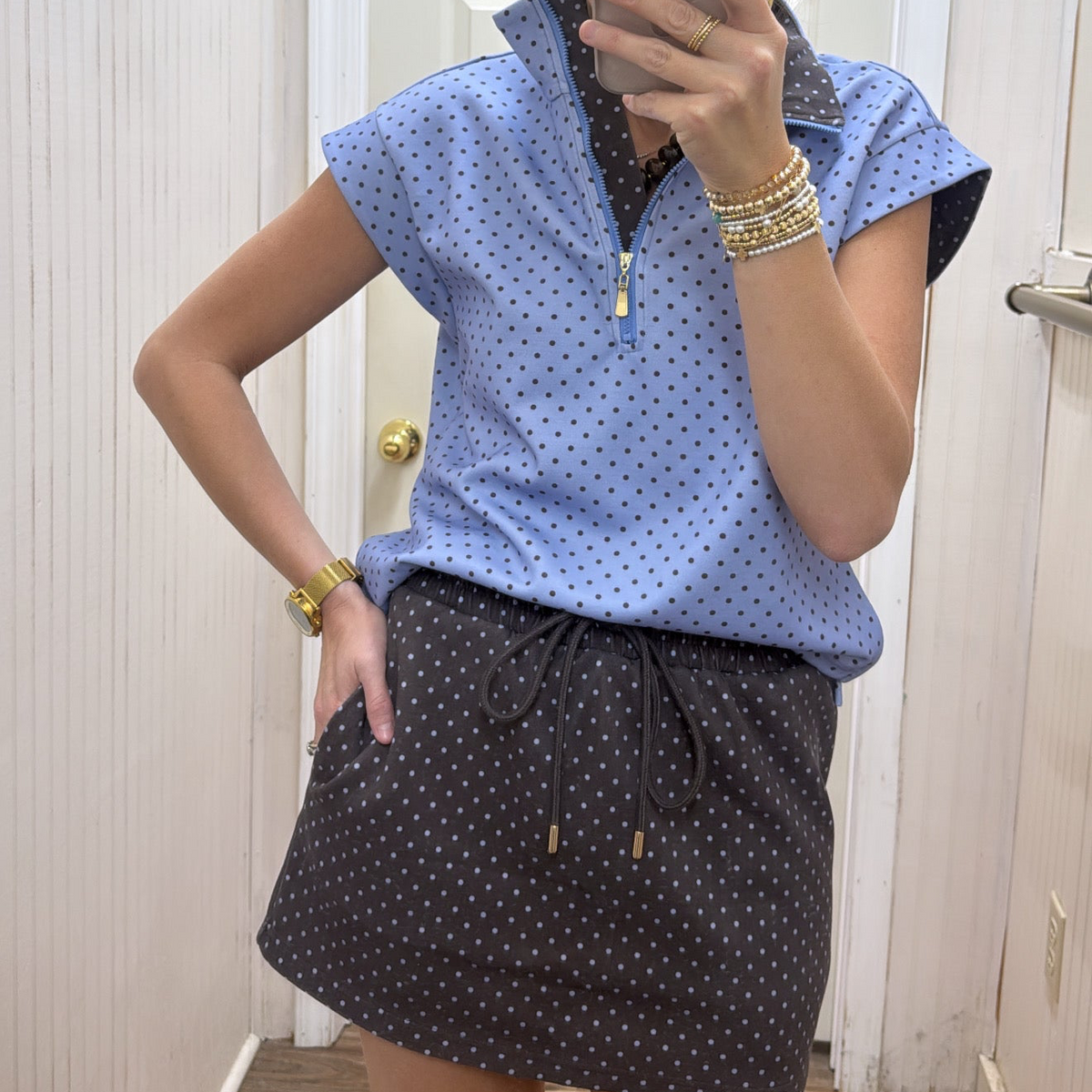 BROWN & BLUE POLKA DOT SKORT SET