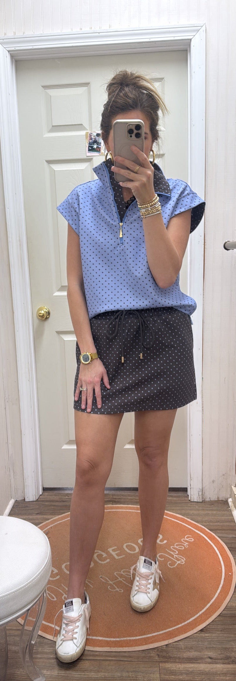 BROWN & BLUE POLKA DOT SKORT SET