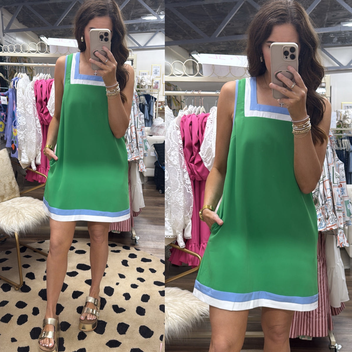 GREEN SQUARE NECK SHIFT DRESS- FINAL SALE