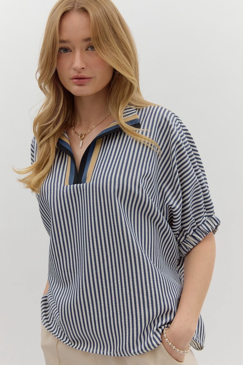 NAVY STRIPED ACCENTED NECK TOP