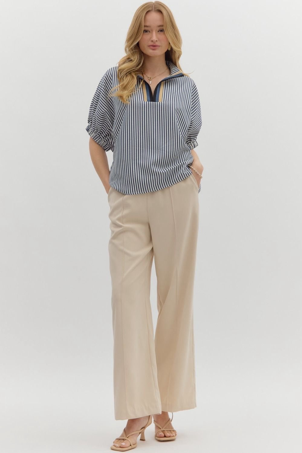 NAVY STRIPED ACCENTED NECK TOP