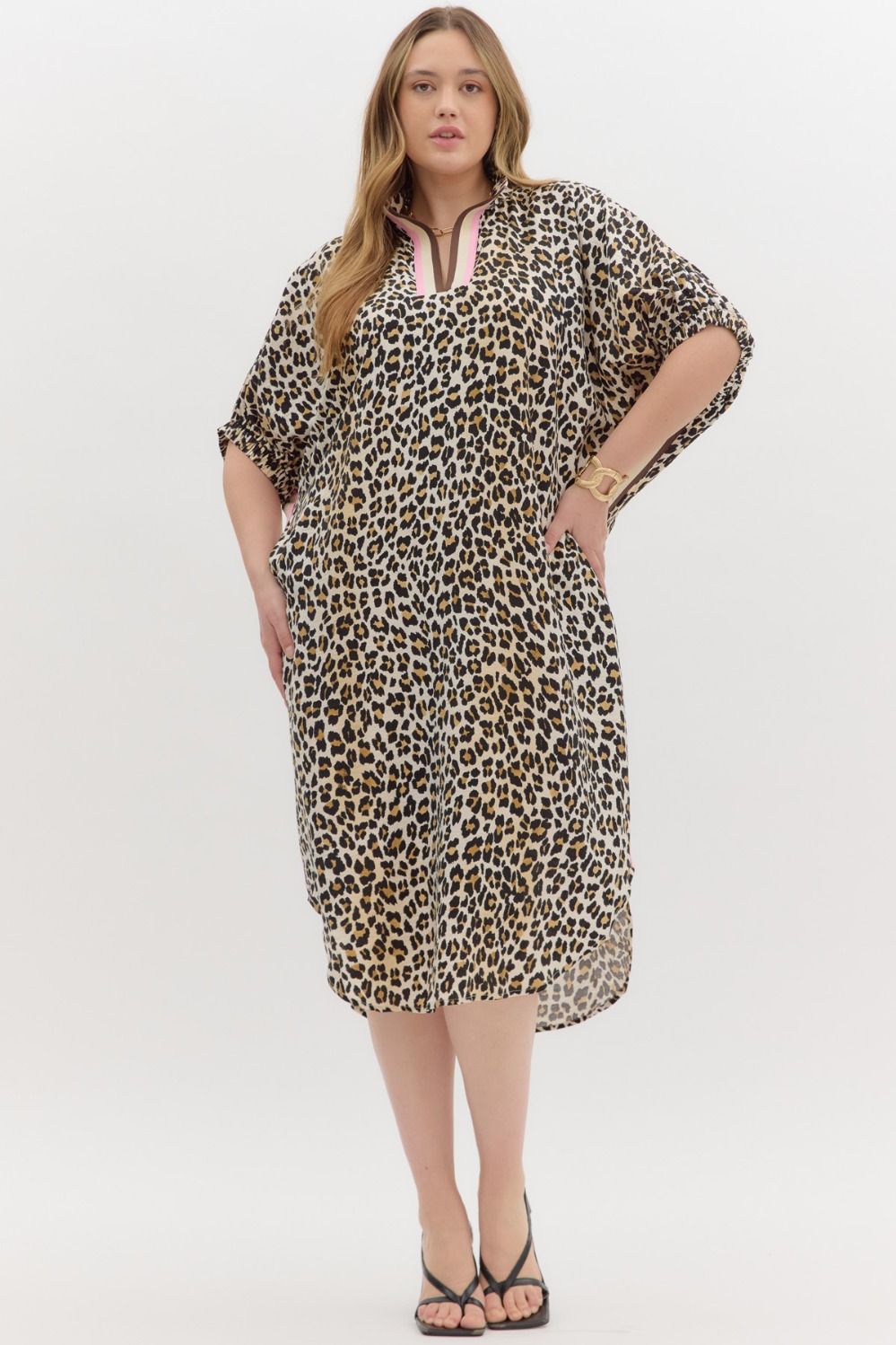 LEOPARD PINK SPLIT COLLAR MIDI DRESS