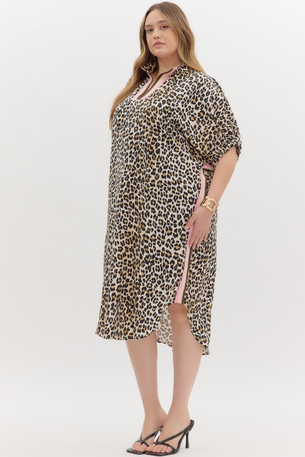 LEOPARD PINK SPLIT COLLAR MIDI DRESS