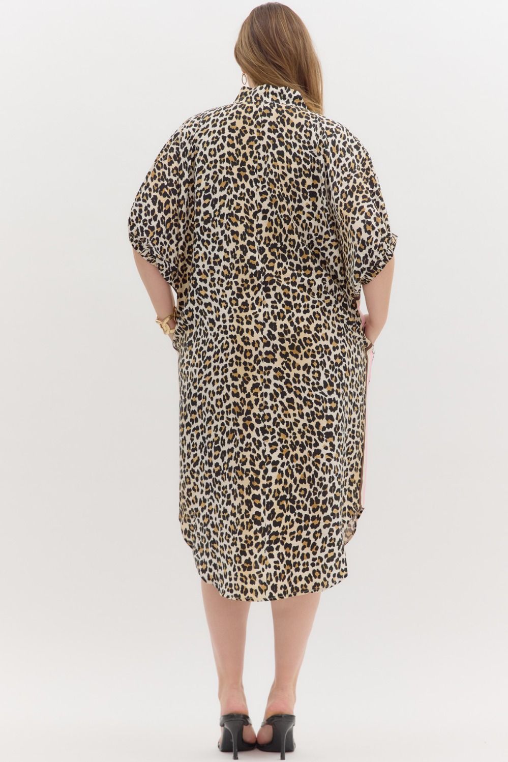 LEOPARD PINK SPLIT COLLAR MIDI DRESS