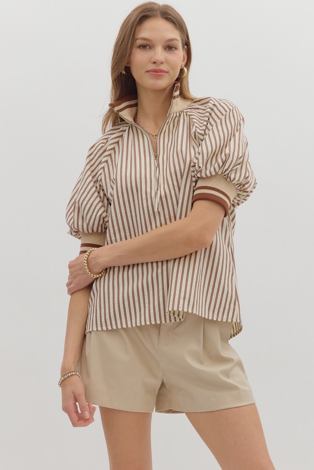 CARAMEL STRIPED HALF ZIP ACCENT BAND TOP