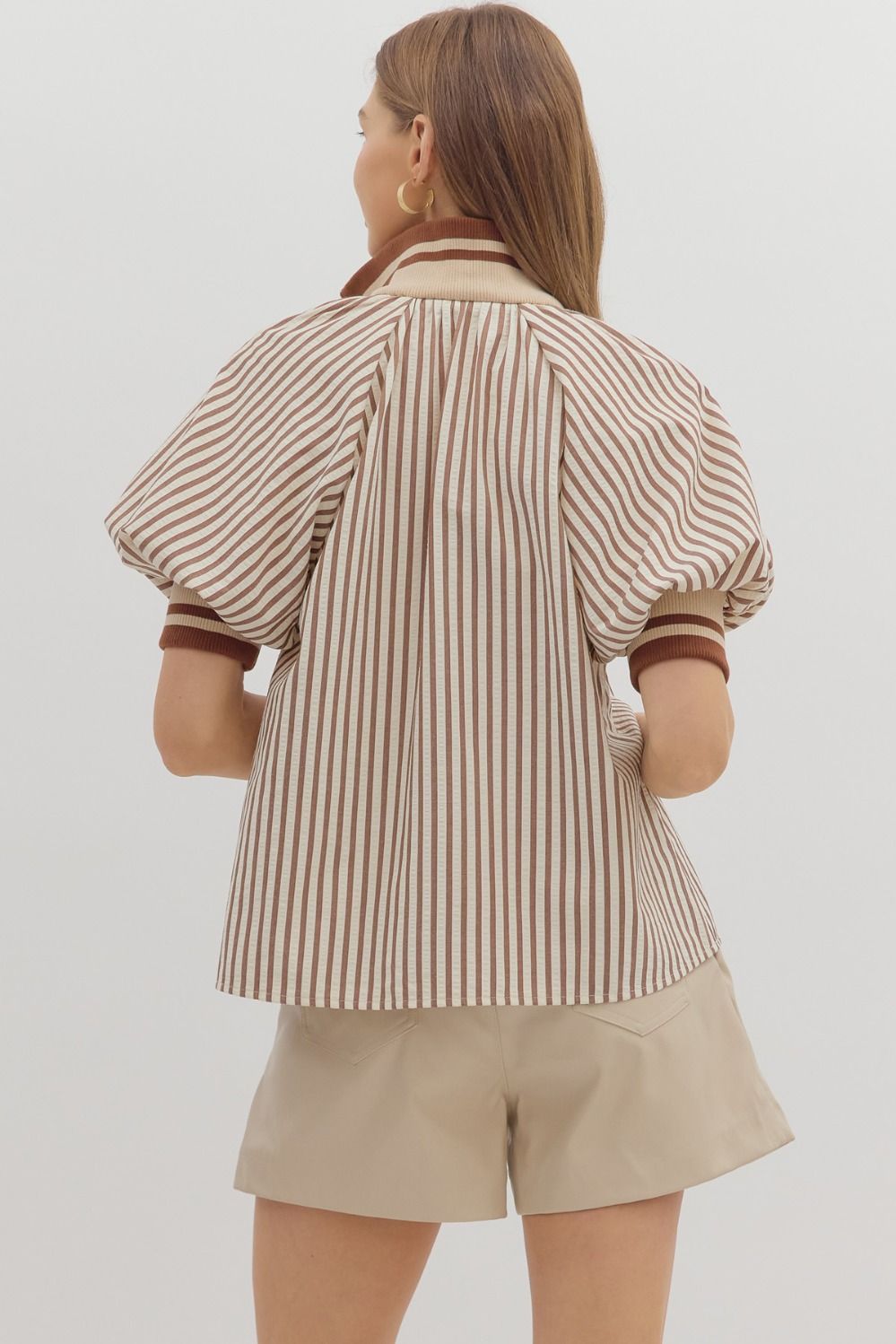CARAMEL STRIPED HALF ZIP ACCENT BAND TOP