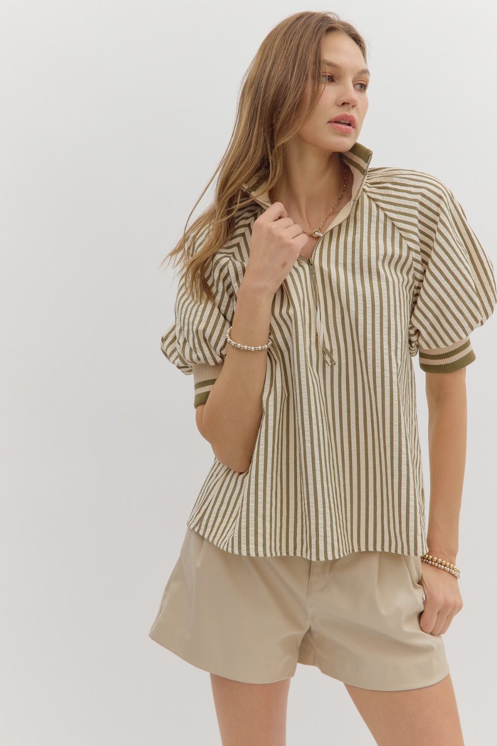 OLIVE STRIPED HALF ZIP ACCENT BAND TOP
