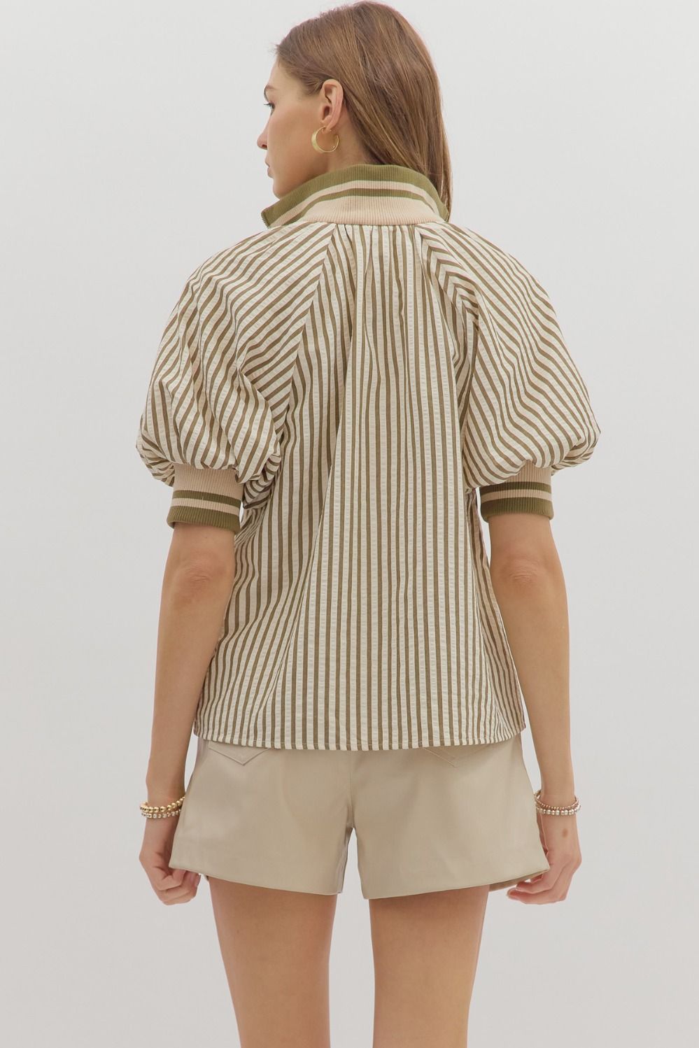 OLIVE STRIPED HALF ZIP ACCENT BAND TOP