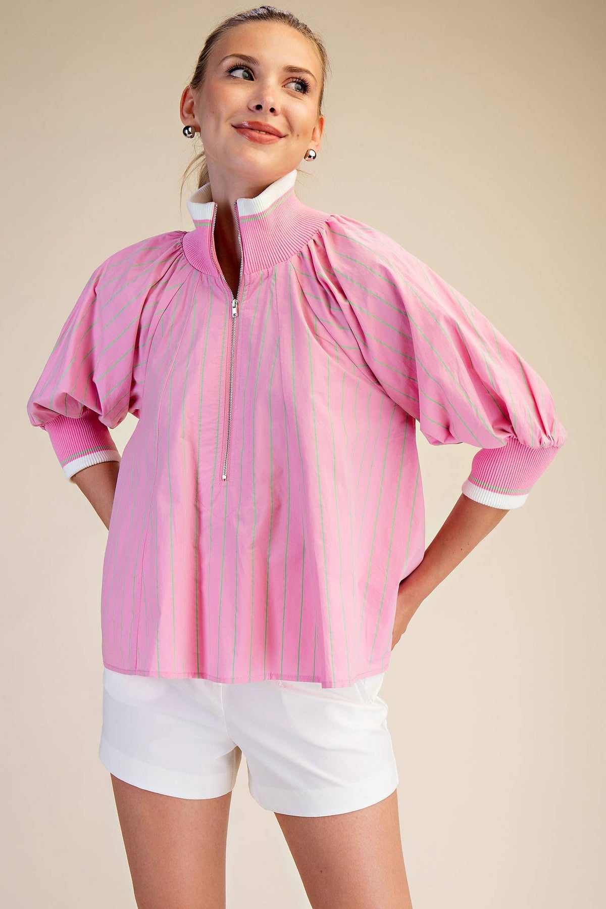 PINK MOCK NECK PUFF SLV TOP