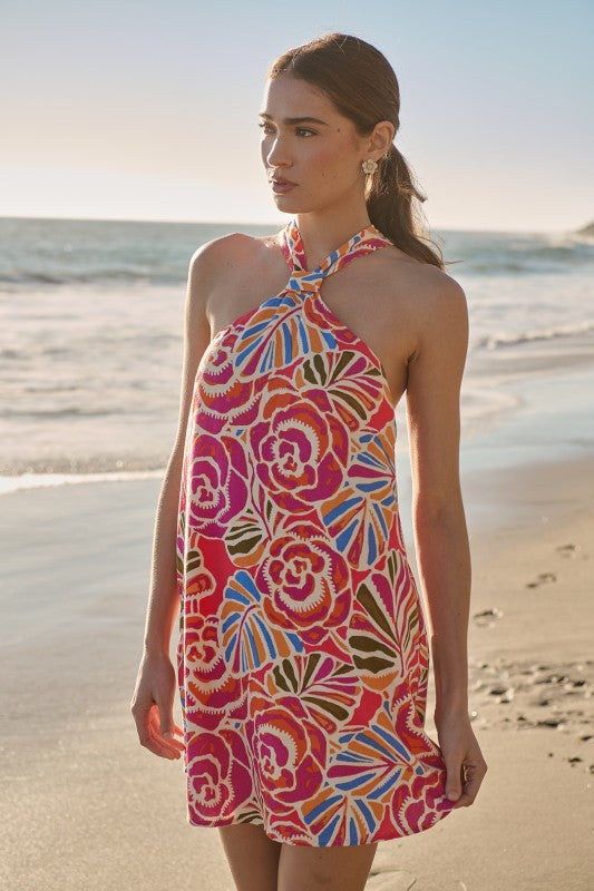 PINK ORANGE BLUE HALTER DRESS