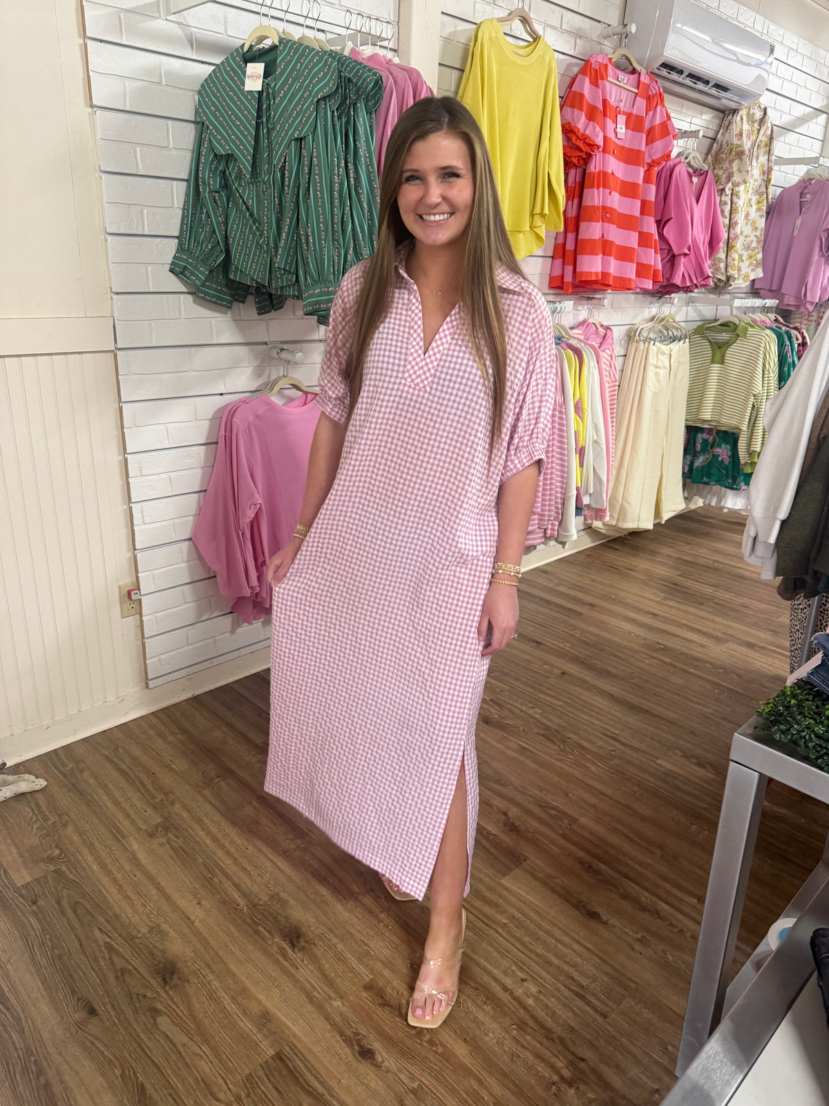 PINK GINGHAM MIDI DRESS