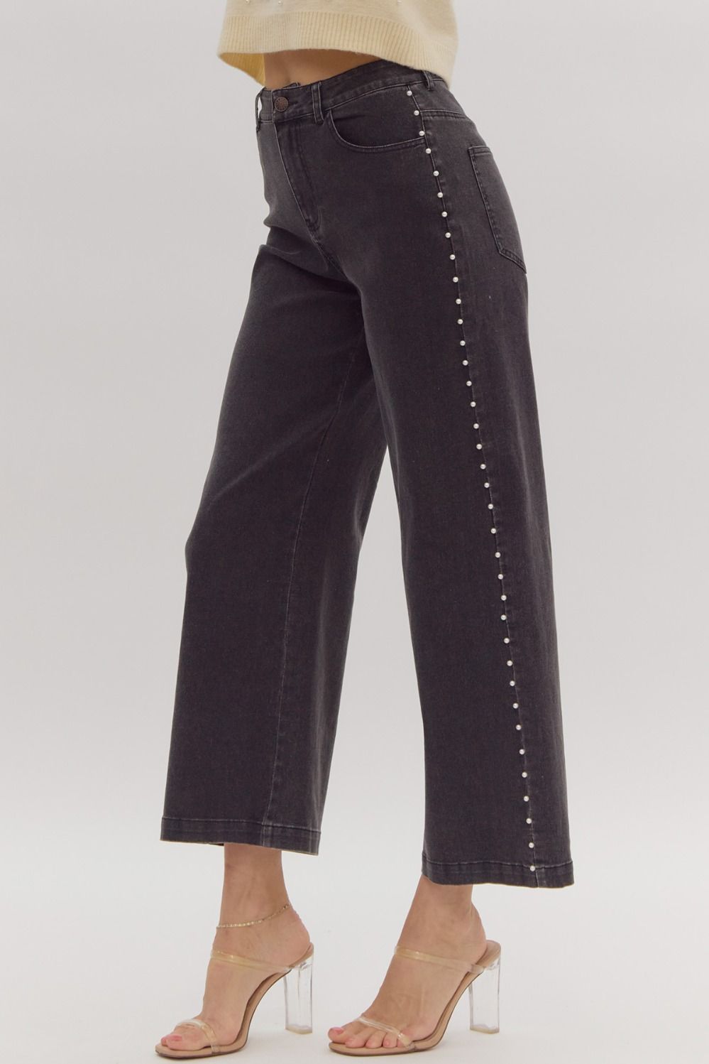 BLACK DENIM PEARL WIDE LEG
