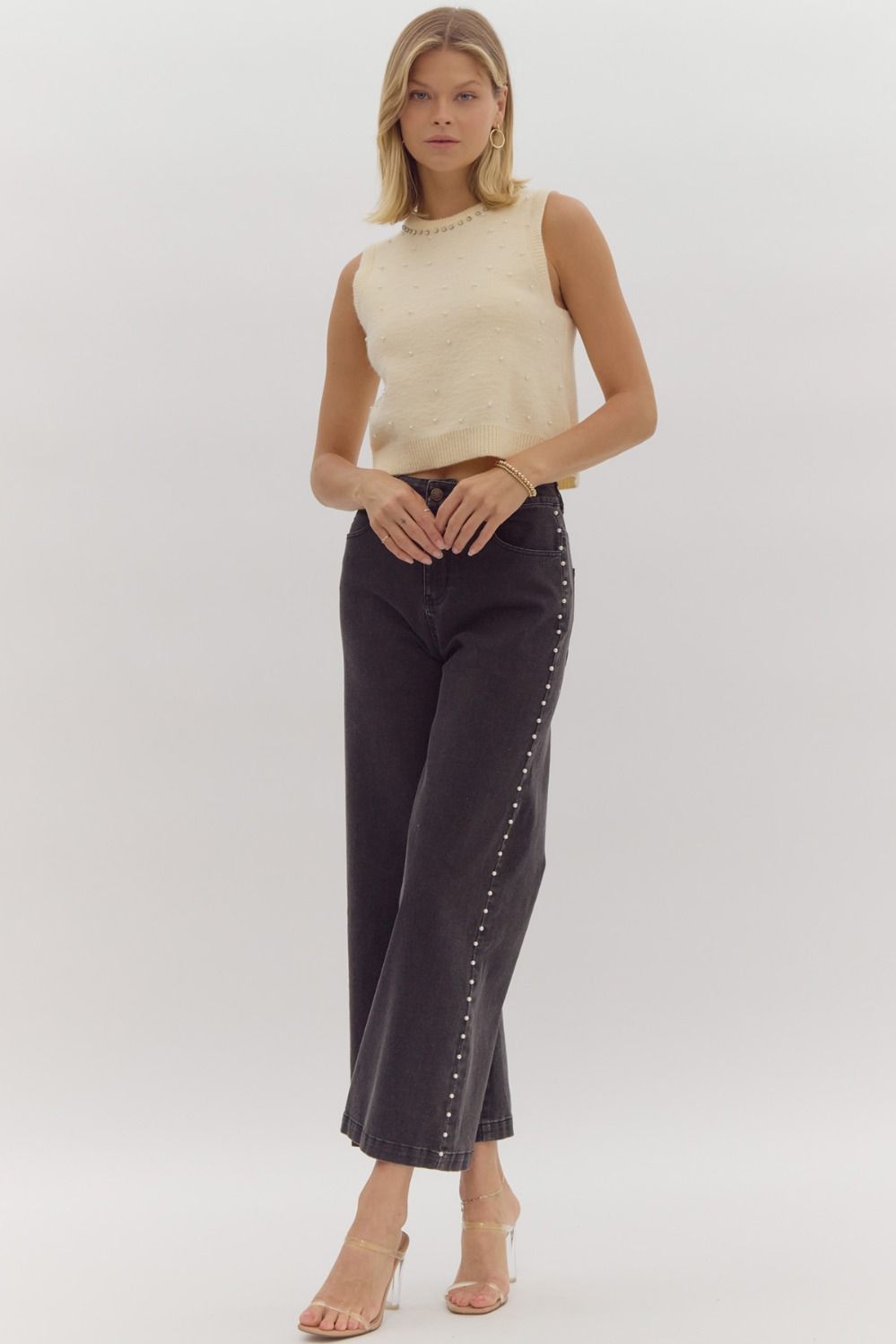 BLACK DENIM PEARL WIDE LEG