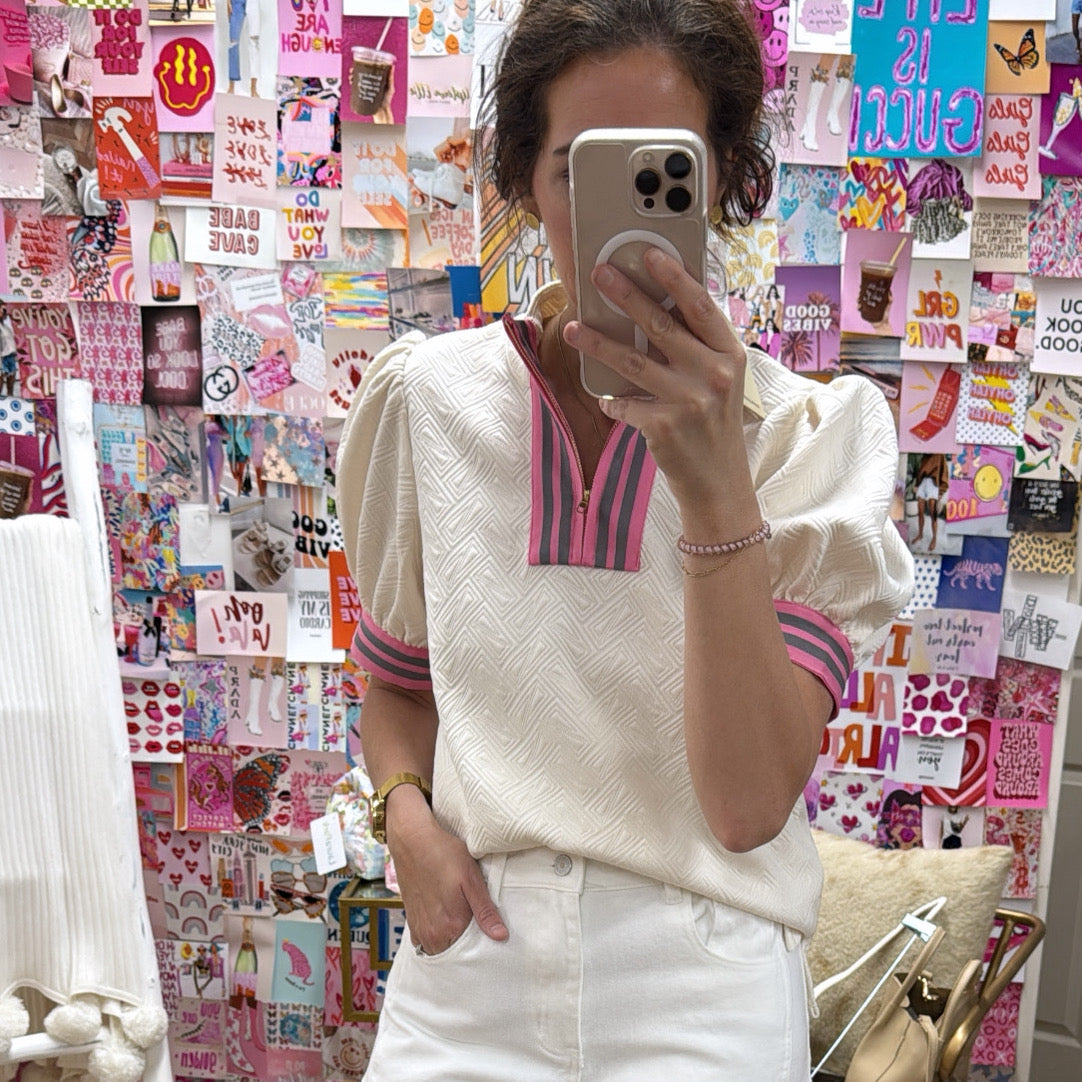 IVORY TEXTURE PINK STRIPE HALF ZIP TOP