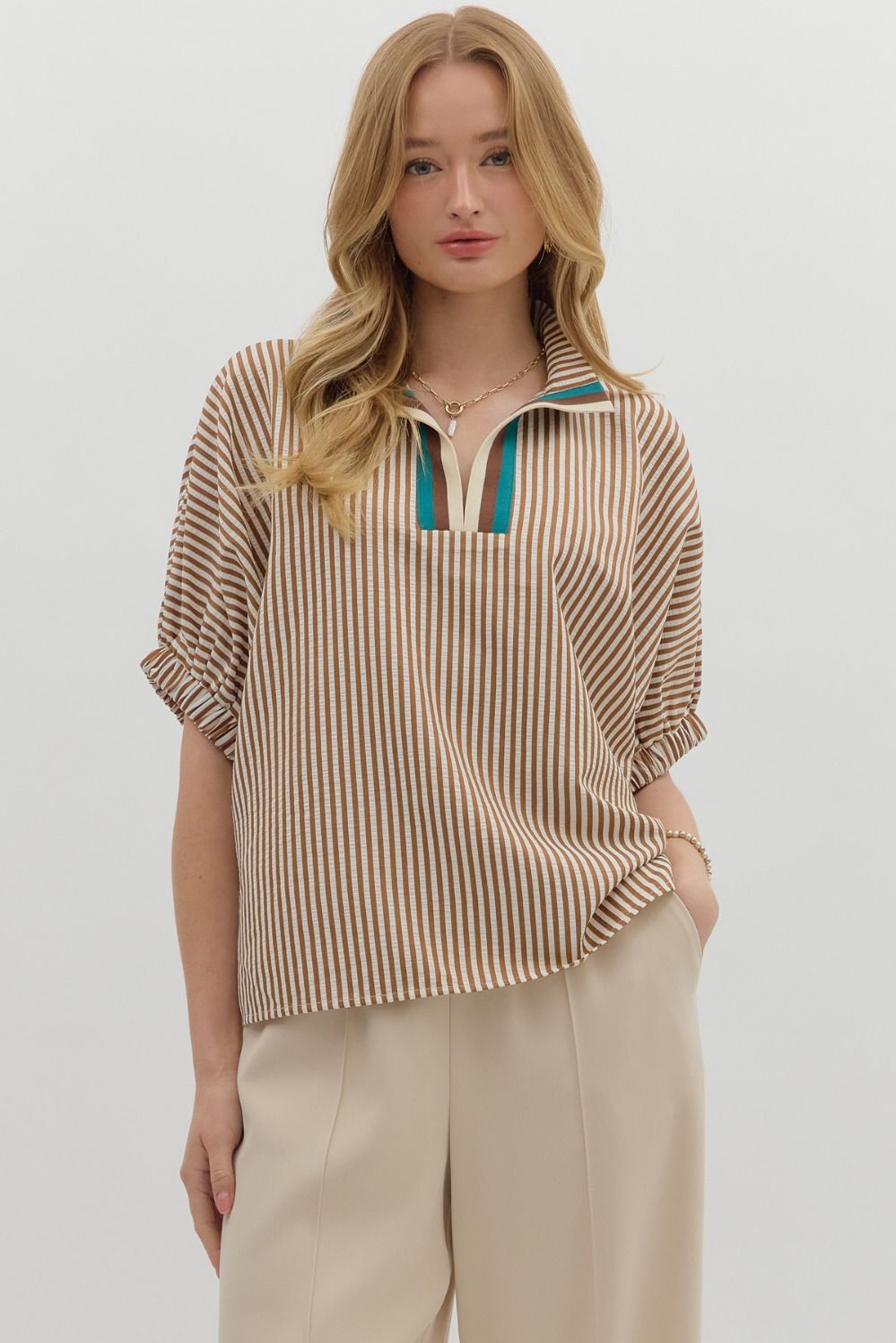 CARAMEL STRIPED ACCENTED NECK TOP