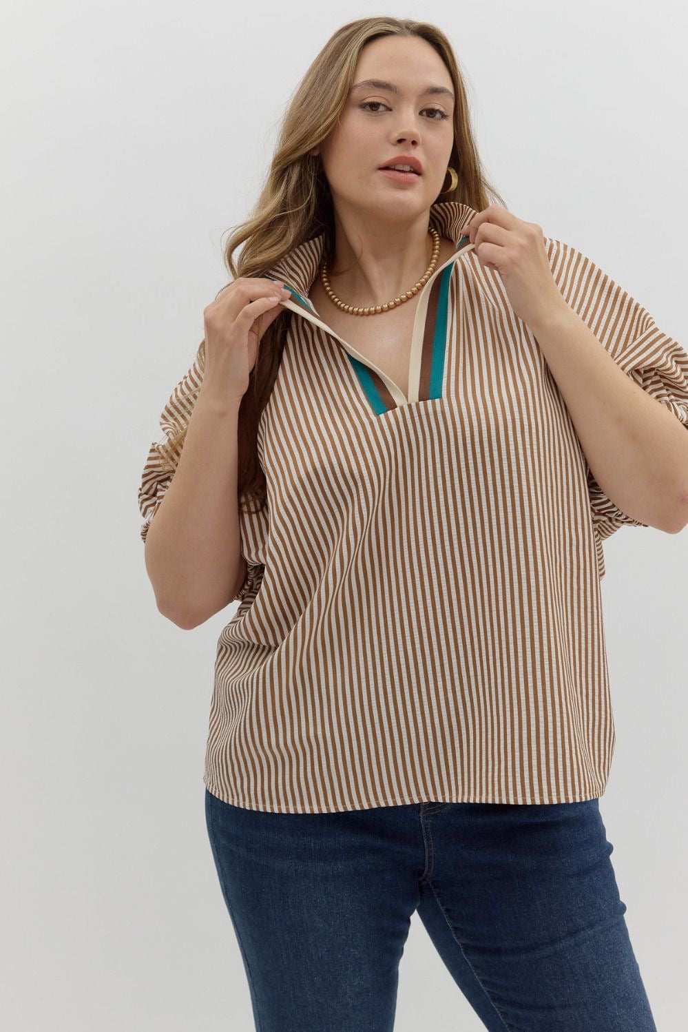 CARAMEL STRIPED ACCENTED NECK TOP