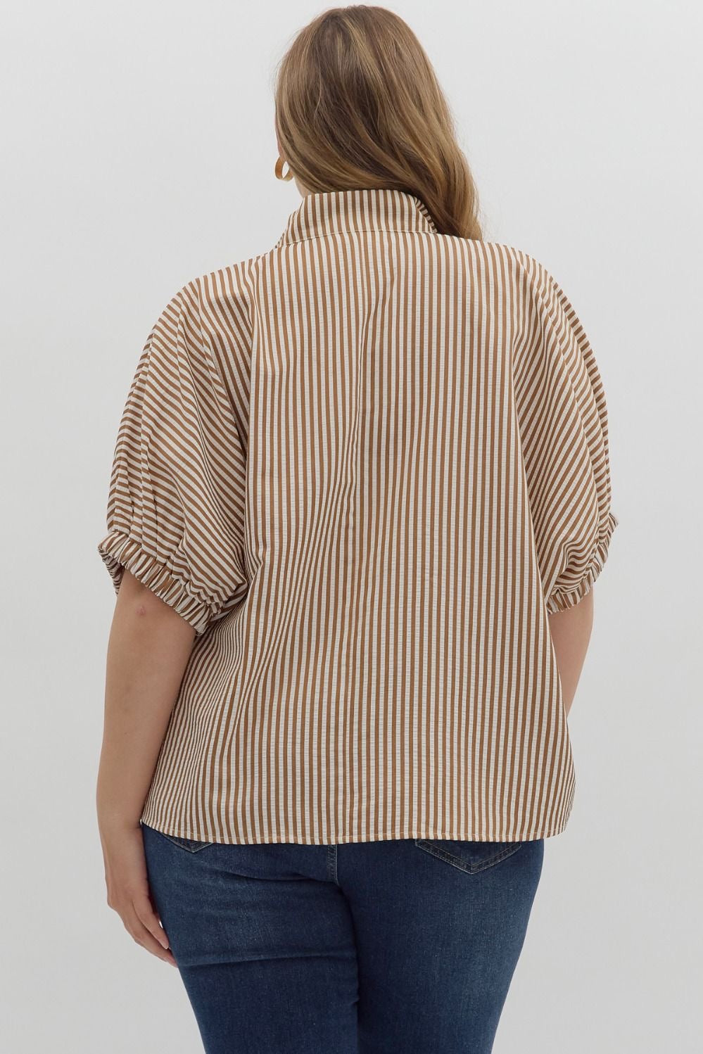 CARAMEL STRIPED ACCENTED NECK TOP