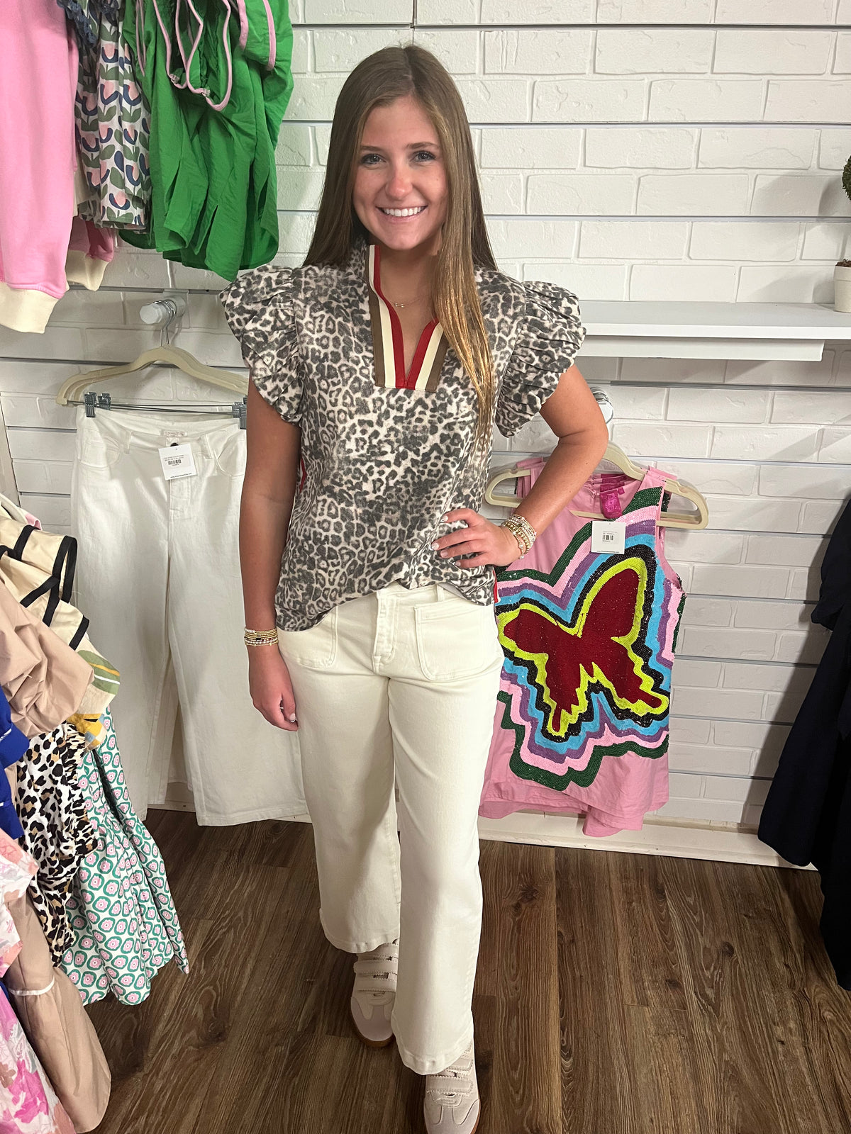 TAUPE LEOPARD RED STRIPE FLUTTER SLV TOP