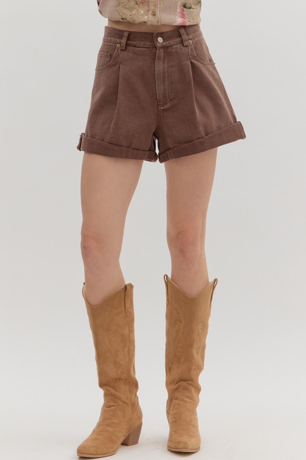 BROWN ROLL-UP HEM SHORTS