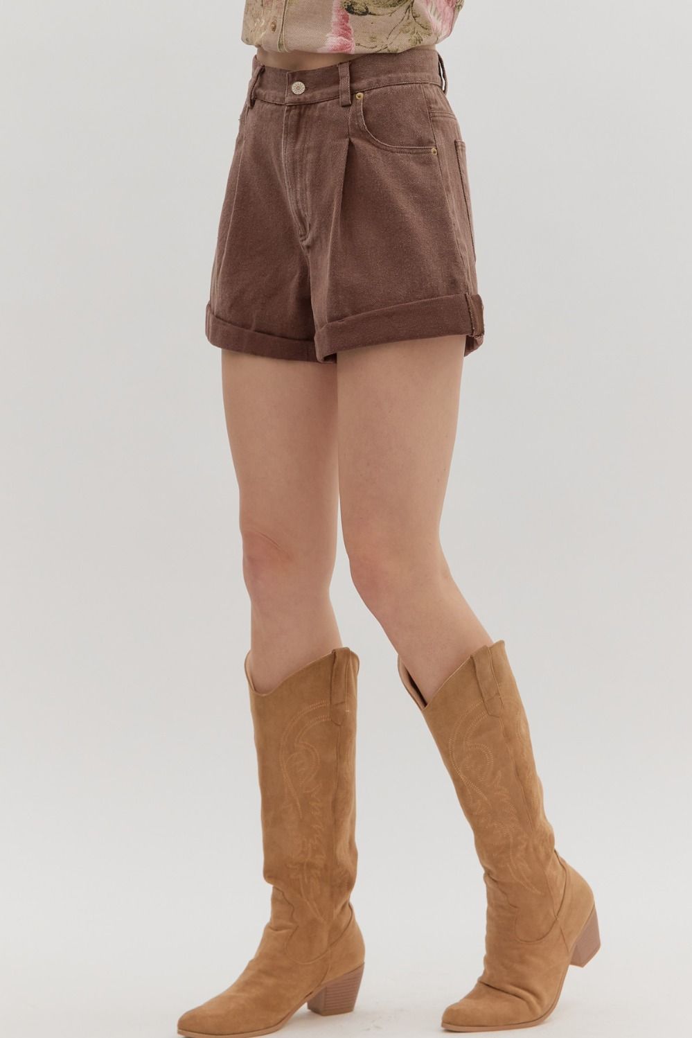 BROWN ROLL-UP HEM SHORTS