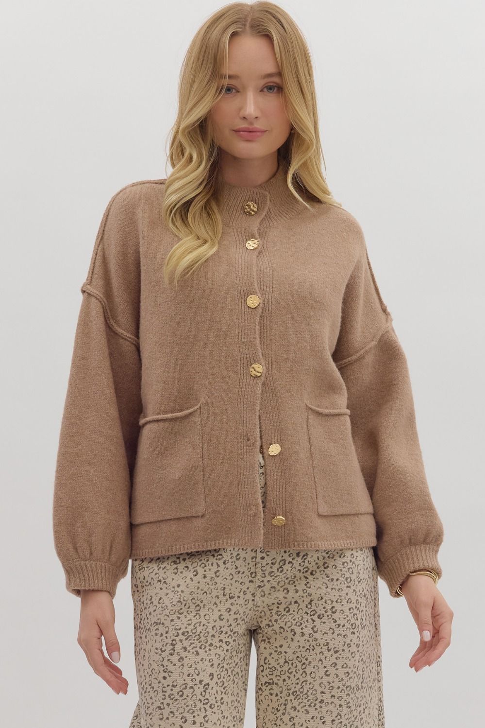 CAMEL GOLD BUTTON KNIT CARDIGAN