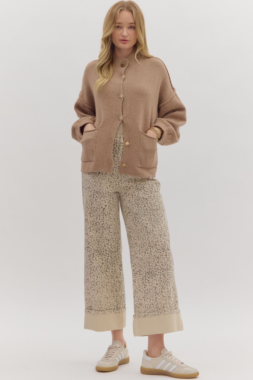 CAMEL GOLD BUTTON KNIT CARDIGAN