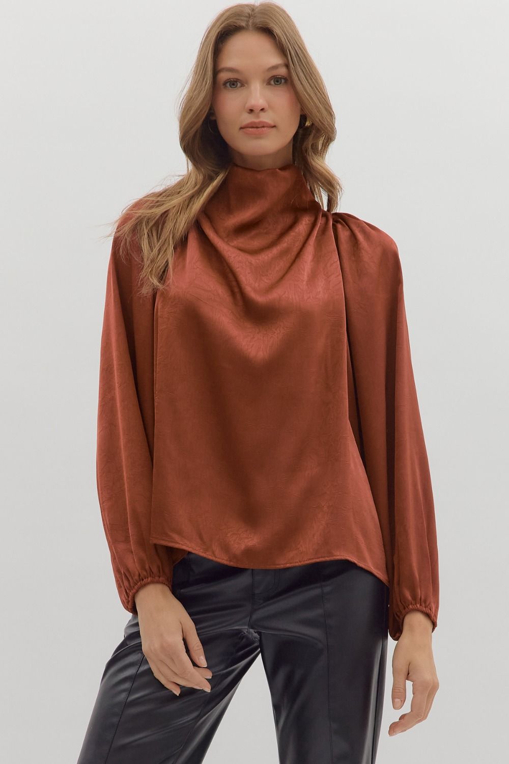 COGNAC DRAPED MOCK NECK TOP