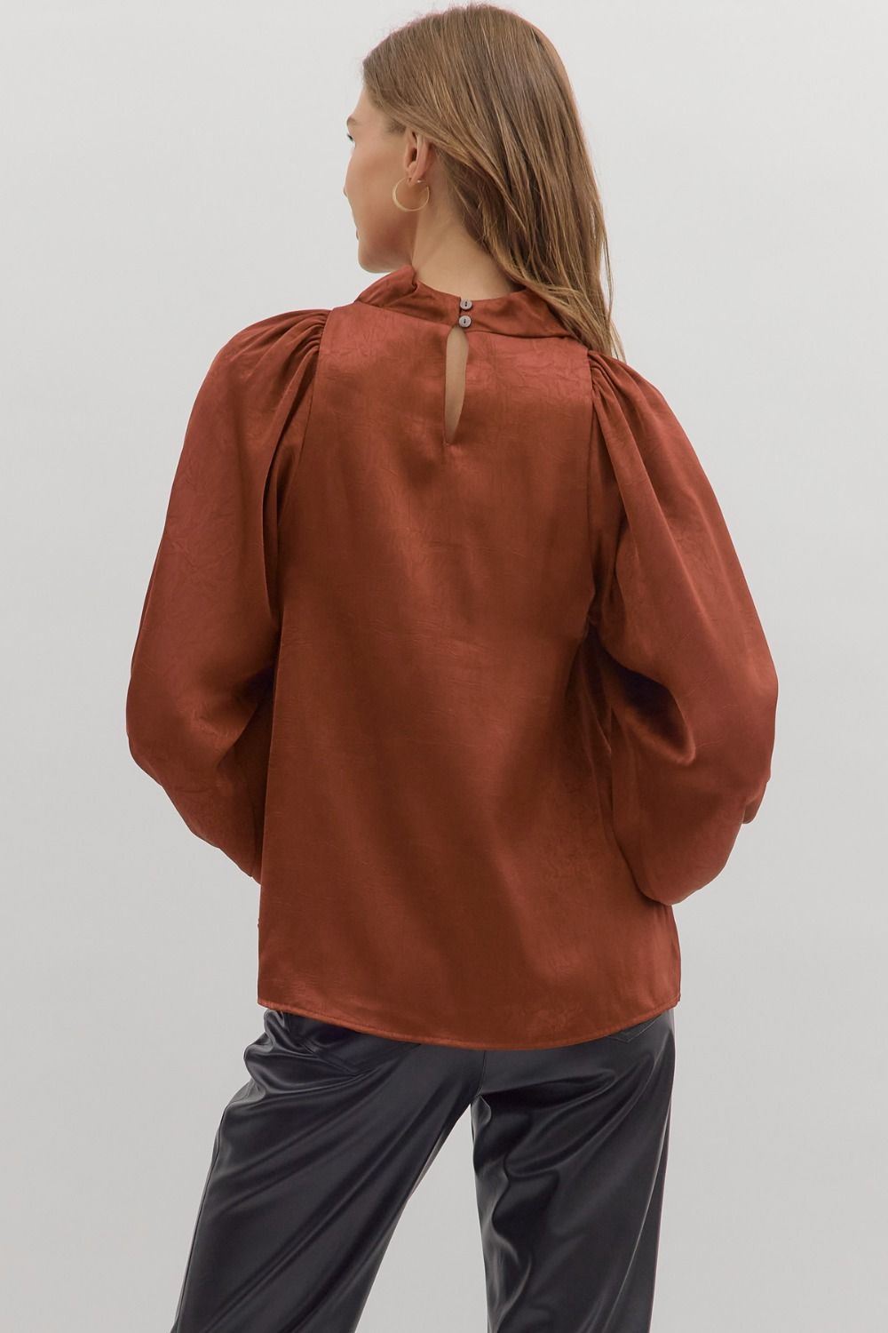 COGNAC DRAPED MOCK NECK TOP