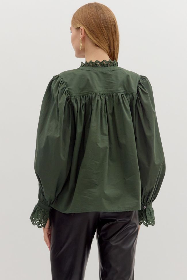 OLIVE RUFFLE EYELET BUTTON TOP