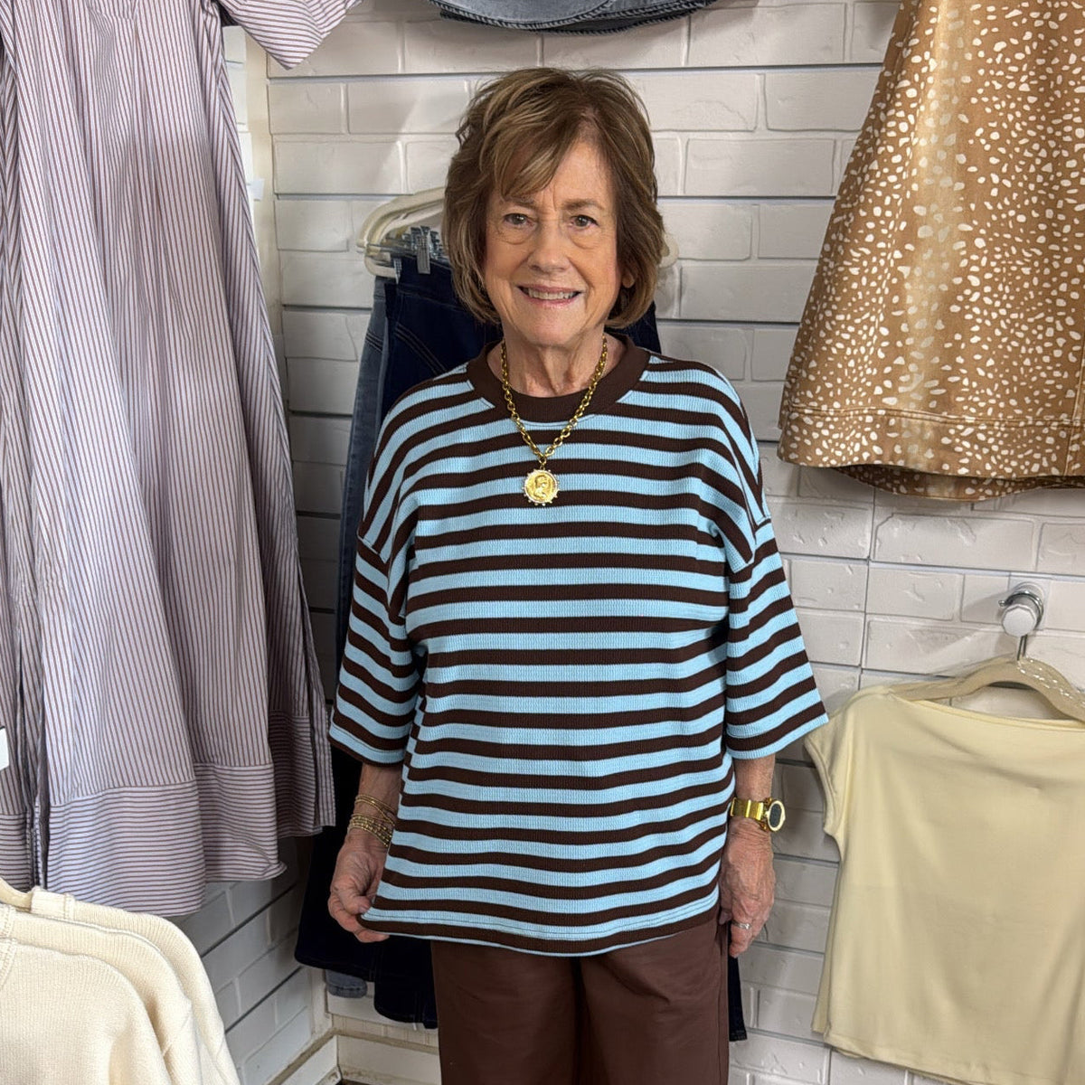 BLUE BROWN STRIPE KNIT TOP
