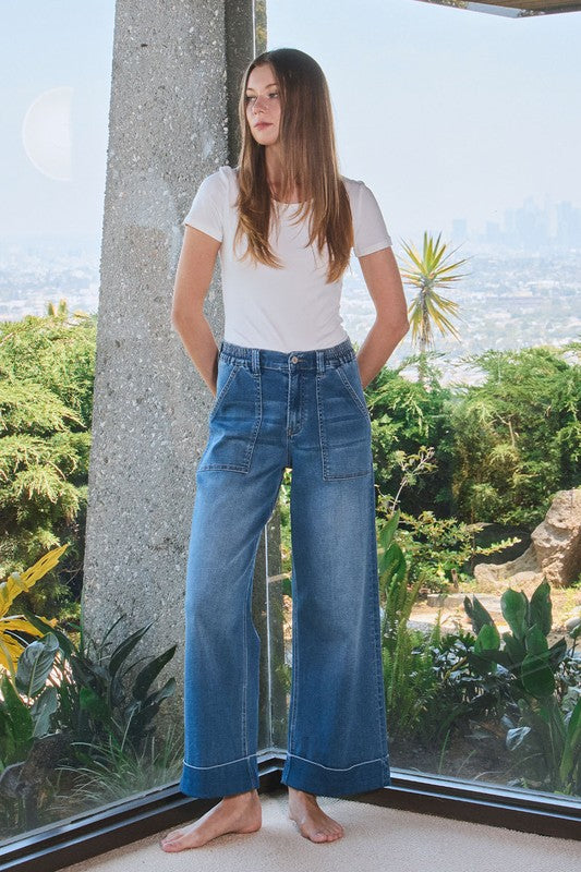 BLUE DENIM STRETCHY BAGGY CUFFED WIDE DENIM