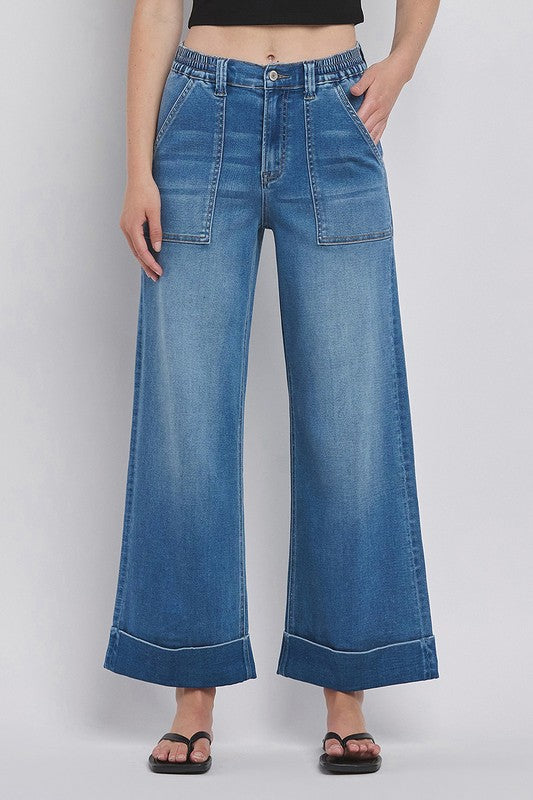 BLUE DENIM STRETCHY BAGGY CUFFED WIDE DENIM