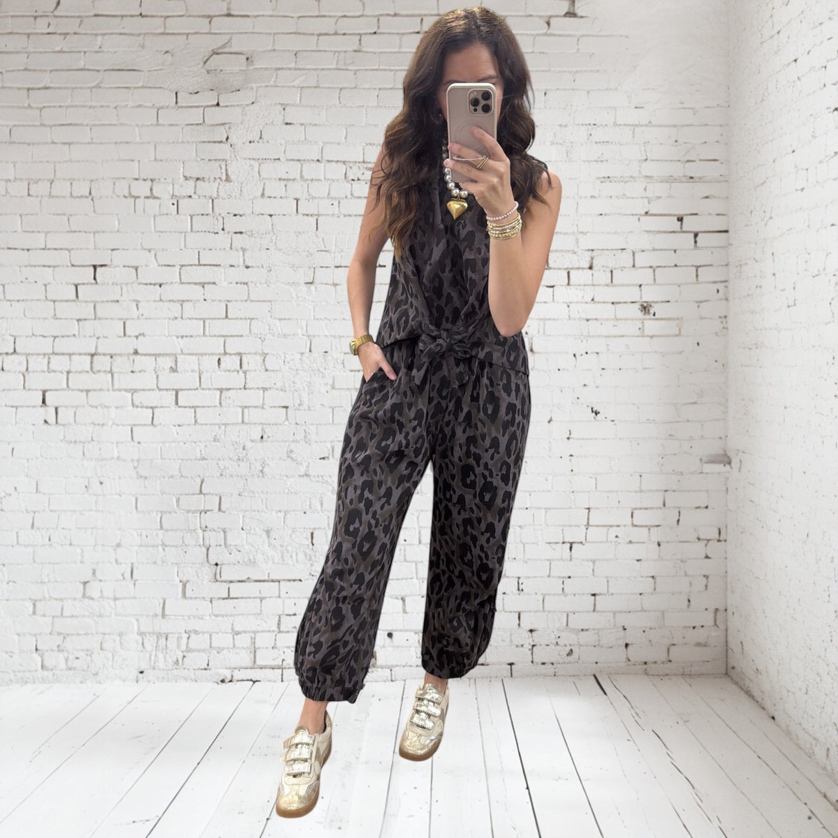 LEOPARD CINCH TIE TOP PANTS SET