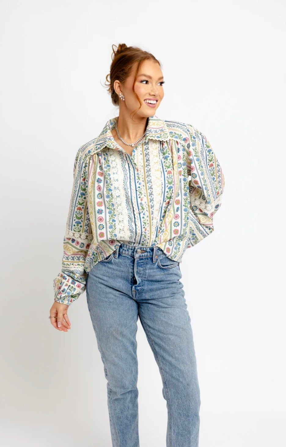 FRENCH COTTAGE FLORAL BUTTON UP TOP